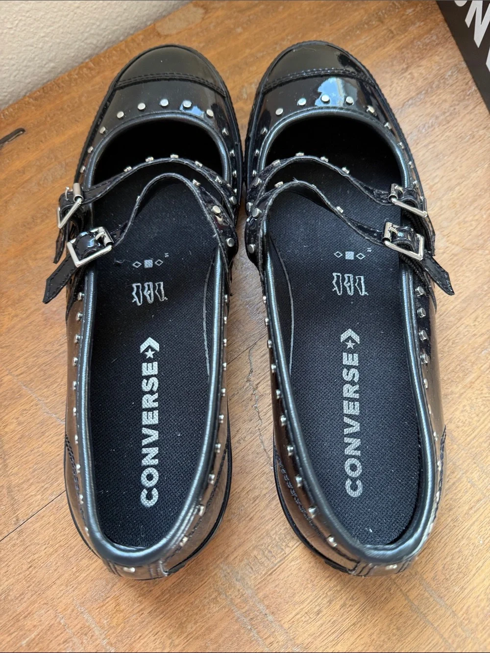 Converse Black Patent Mary Jane Flats with Studded Double Straps